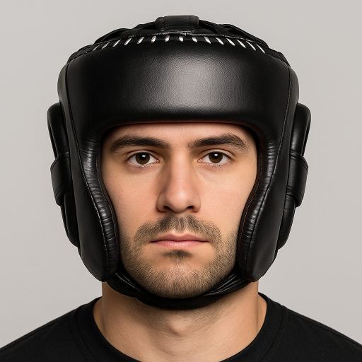 Kask bokserski – prawidłowa wysokość ~0,5 cm nad linią brwi (widok z przodu)